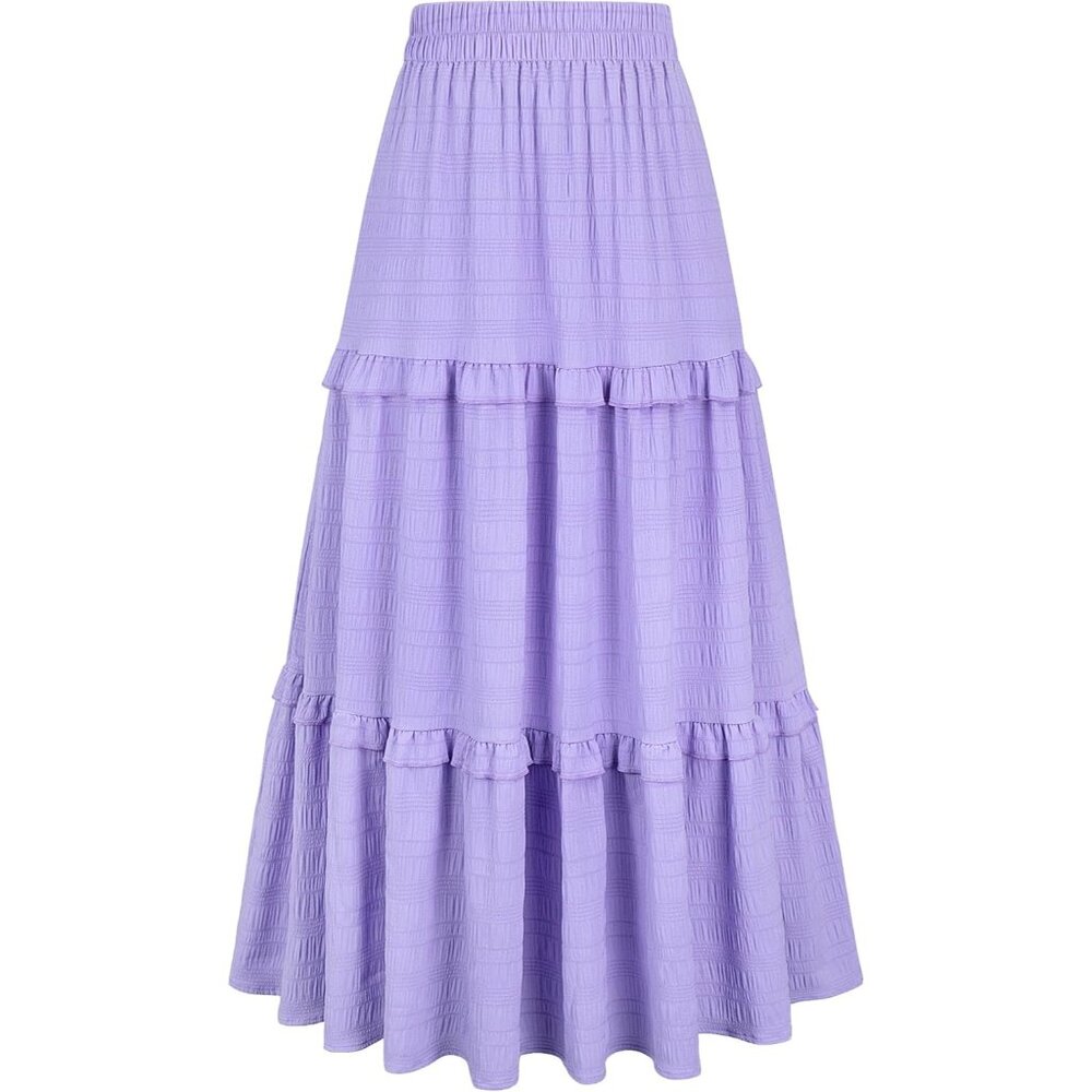 Women's Purple Casual Elegant A Line Flowy Ruffle Tiered Long Pockets Maxi Skirt - Picture 1 of 5